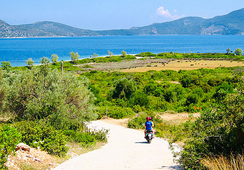 Vägen ner till stranden Agios Dimitrios på Alonissos samt ön Peristera i den marina nationalparken. 