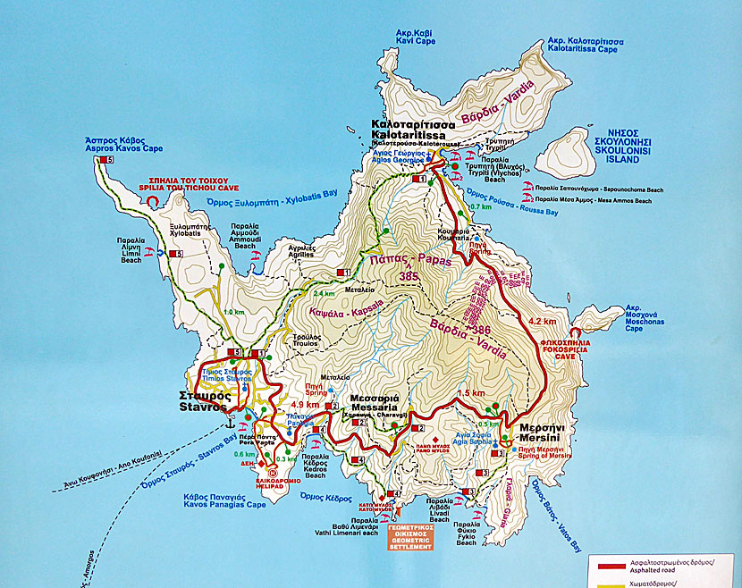 Vandringskarta över Donoussa i Kykladerna.