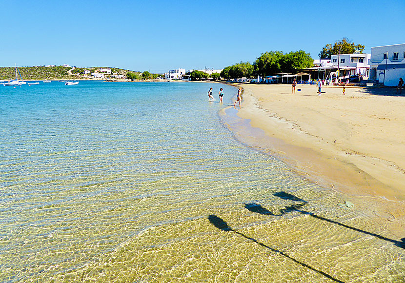 Den barnvänliga och mycket fina sandstranden i Aliki på Paros i ögruppen Kykladerna. 