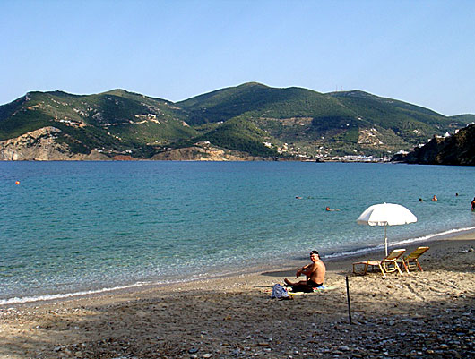 Glyfoneri beach med Skopelos stad i bakgrunden.