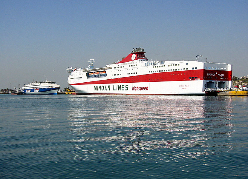 Greek ferries, boats and catamarans. Knossos Palace. Pireus. Athens.