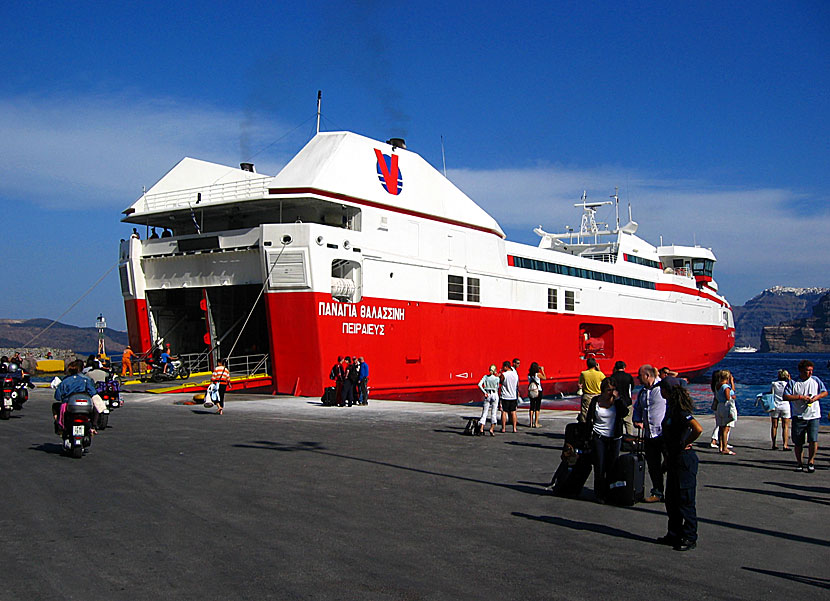 Greek ferries, boats and catamarans. Panagia Thalassini. Athinios port. Santorini.