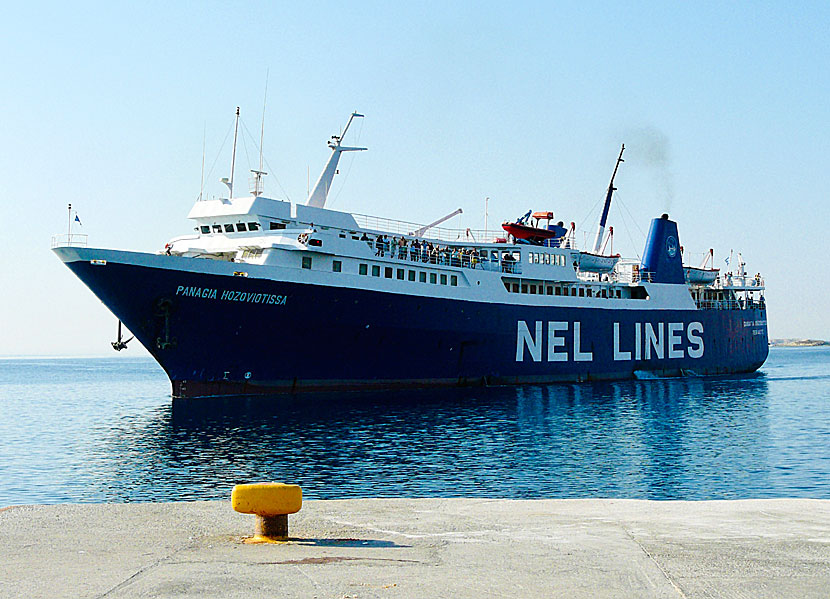 Greek ferries, boats and catamarans. Panagia Hozoviotisa. Psathi port. Kimolos.