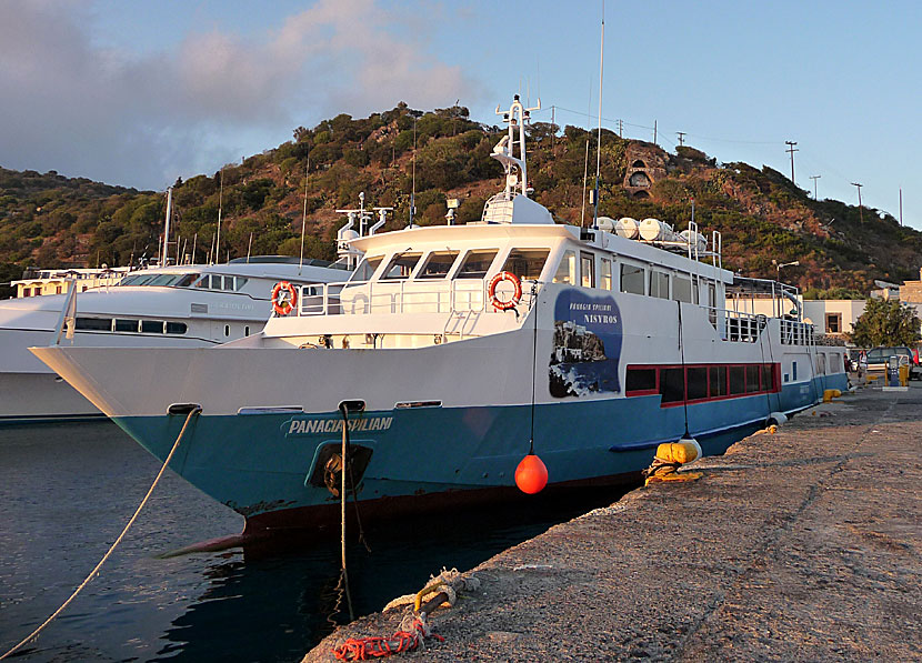 Greek ferries, boats and catamarans. Panagia Spiliani. Mandraki port. Nisyros.