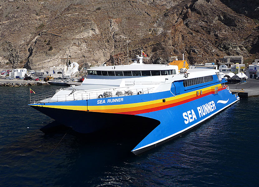 Greek ferries, boats and catamarans. Sea Runner. Athinios port. Santorini.