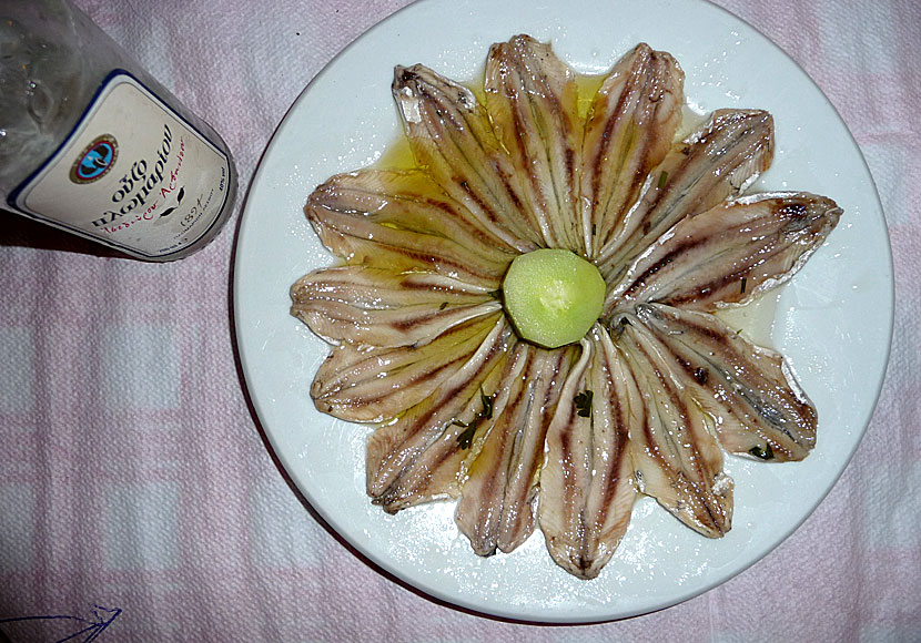 Gavros marinatos med Plomari ouzo på en restaurang i Patitiri på Alonissos.