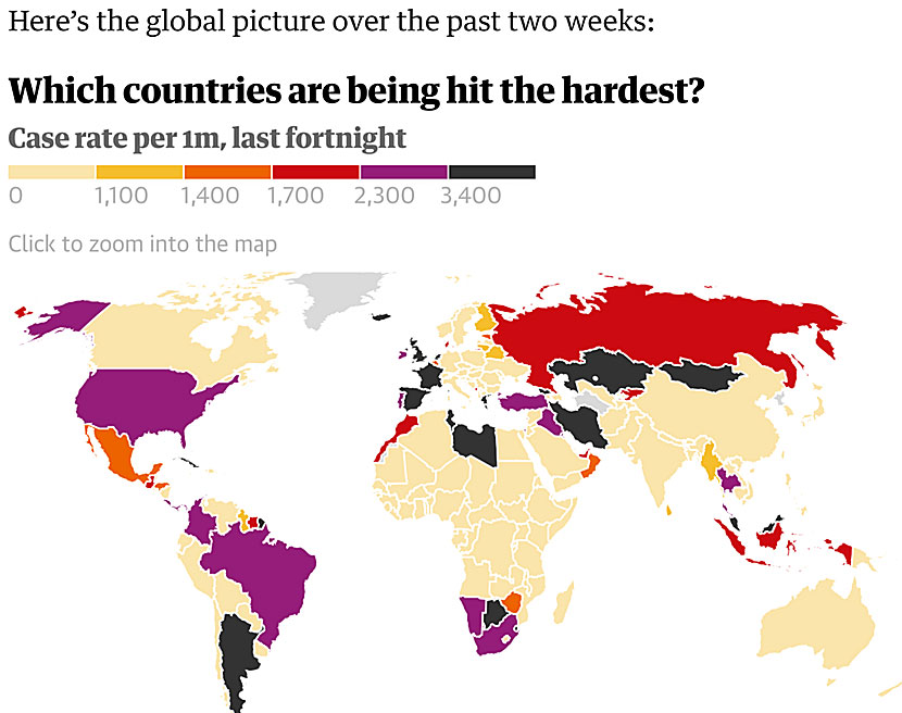 Karta från Johns Hopkins University med länder med störst smittspridning i världen. Grekland är ett av de värst drabbade länderna med Covid-19.