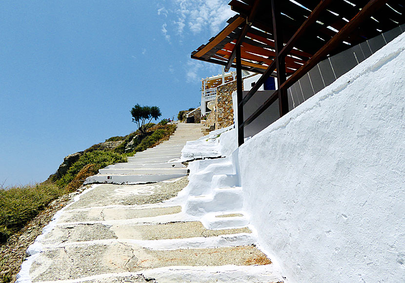 Stigen till stränderna Galifos och Agios Nikolaos börjar vid trappan i Angali beach på Folegandros.