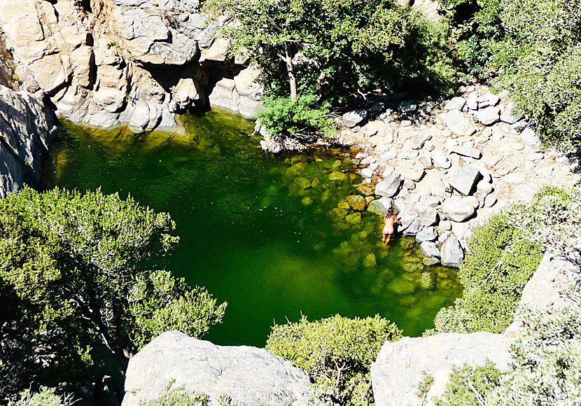 Bada naken i sjöarna i ravinen Halaris ovanför byn Nas på Ikaria i Grekland.