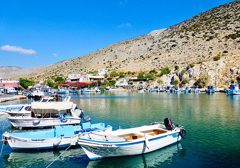 Hamnen med tavernor i byn Rina på Kalymnos.