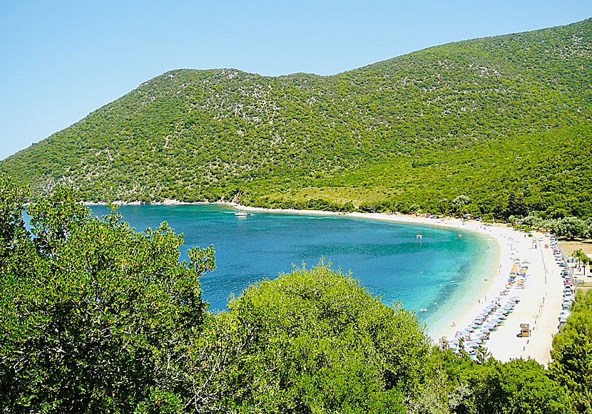 Antisamos beach på Kefalonia där delar av filmen Kapten Corellis Mandolin spelades in.