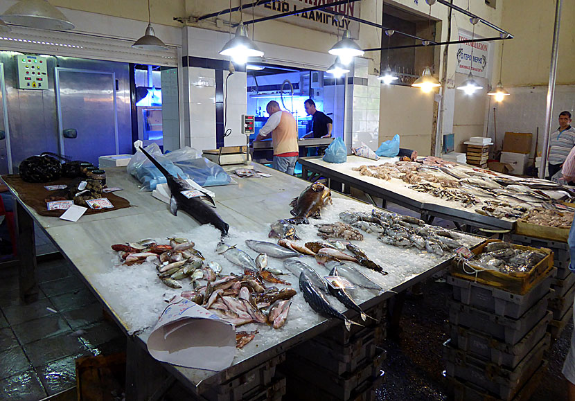 Köpa färsk fisk i Chanias saluhall på Kreta.