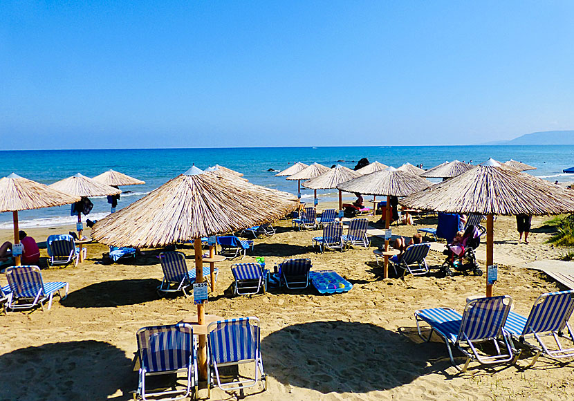 Solstolar och parasoll på Georgioupolis beach på Kreta.