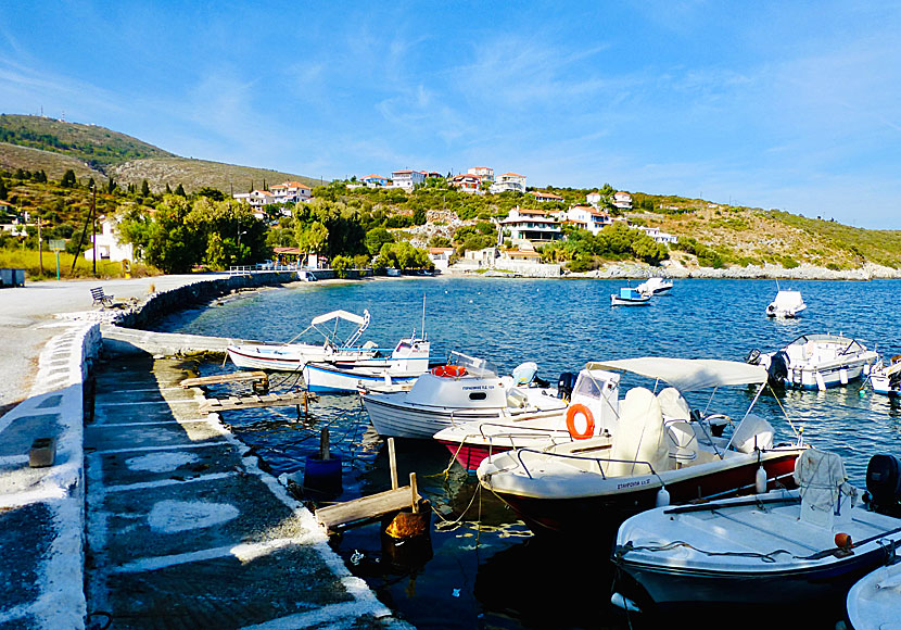 Fiskebyn Agia Paraskevi och den lilla stranden på norra Samos.