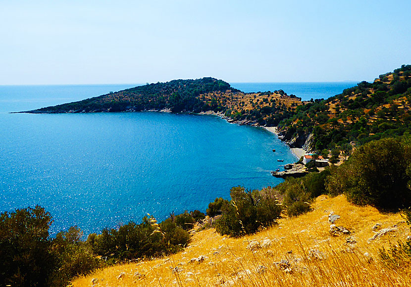 Man bjuds på vackra vyer längs kusten längs vägen till Taverna at the end of the world på Samos.