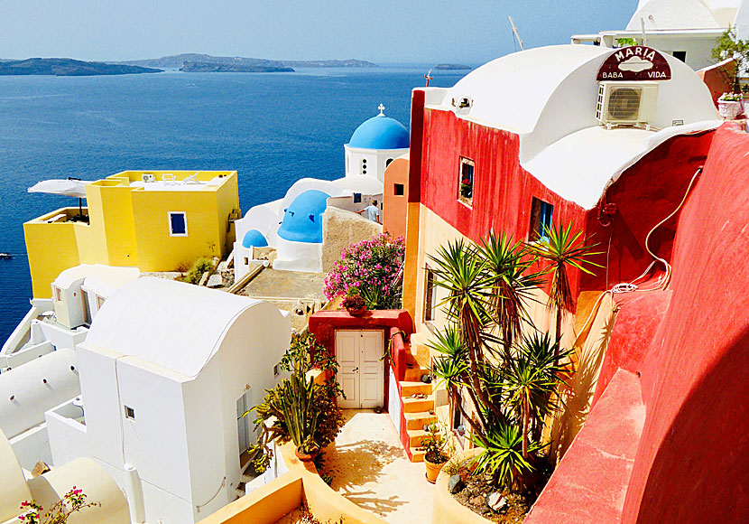 Den berömda kyrkan och några av de pastellfärgade husen i Oia på Santorini.