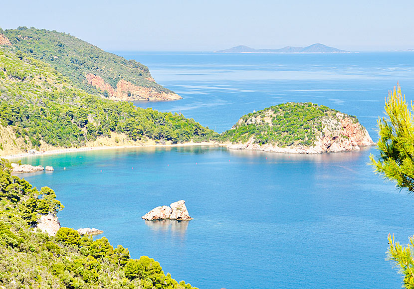 Där Stafilos beach på Skopelos slutar börjar stigen som går till Velanio beach.