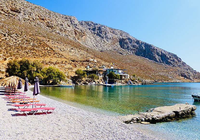 I den lilla viken Palionisos på Kalymnos i Grekland finns en fin strand och restauranger. 