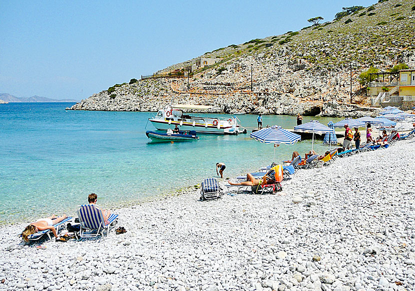 Del av klapperstenstranden Marathounda. på Symi.