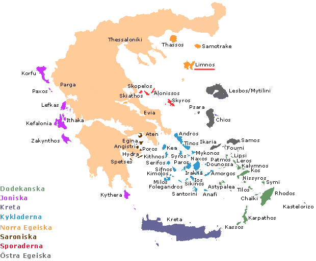 Karta över Grekland. Limnos.