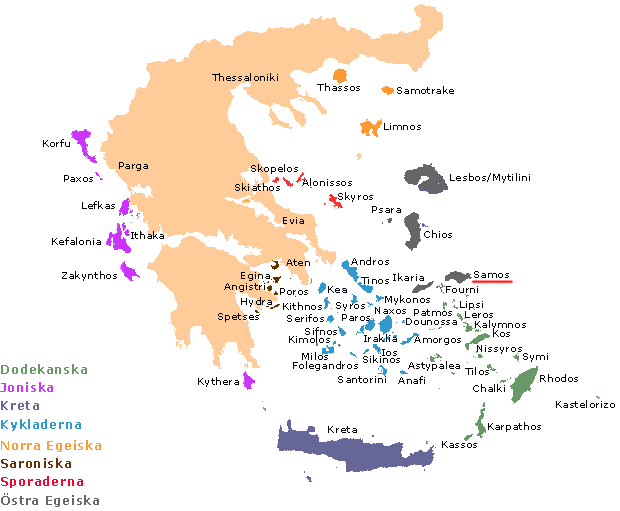 Karta över Grekland. Samos är understruket med rött.