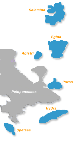 Karta över Saroniska öarna i Grekland.